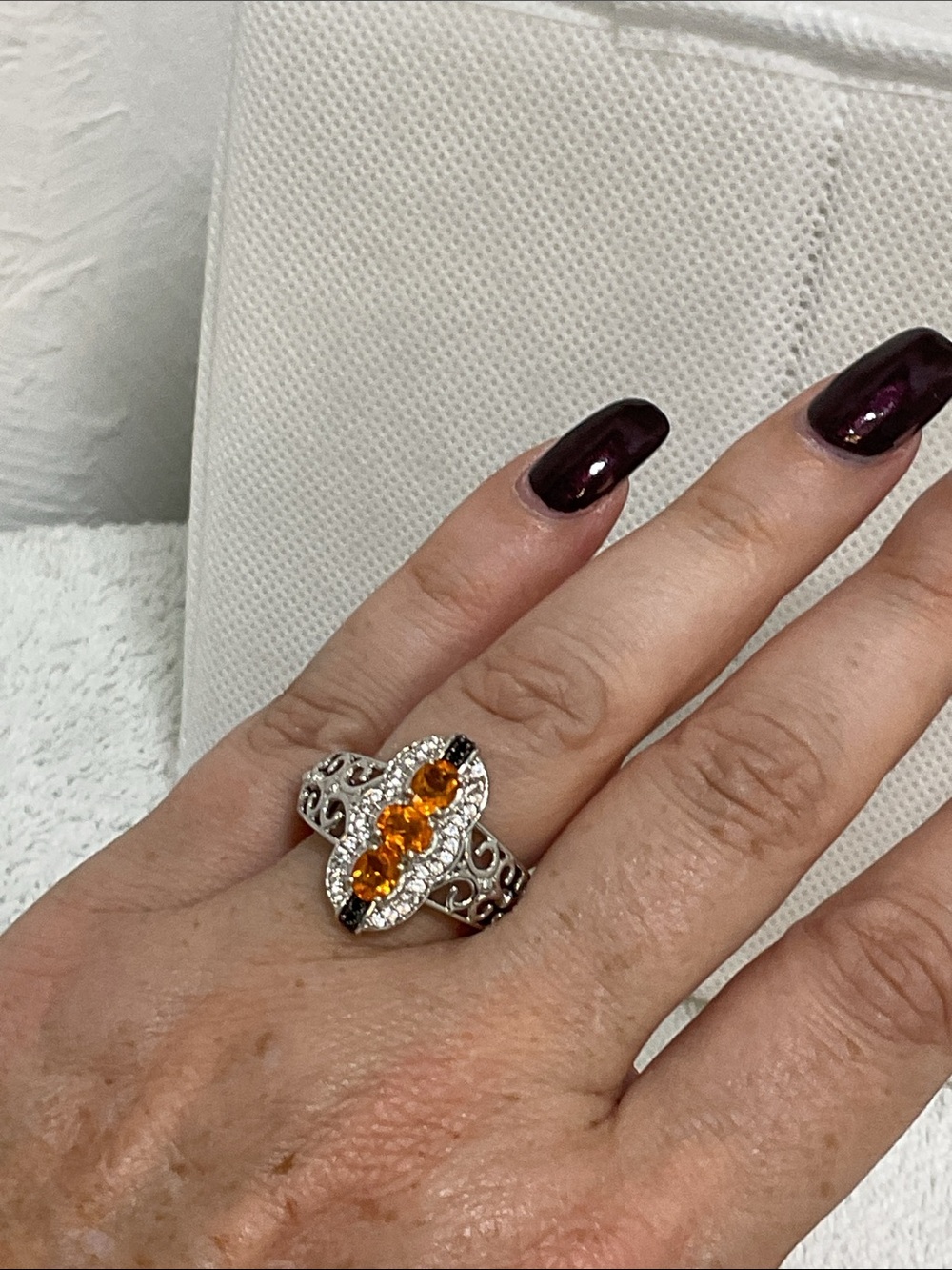 STS 925 Sterling Silver Orange Gemstone Filigree Statement Ring Size 7